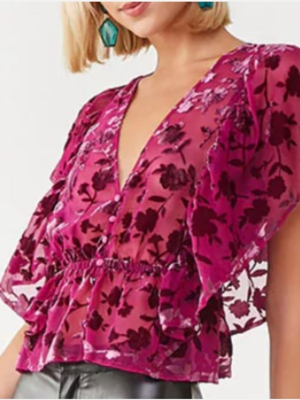 Forever 21 Fuchsia Floral Sheer Peplum Blouse